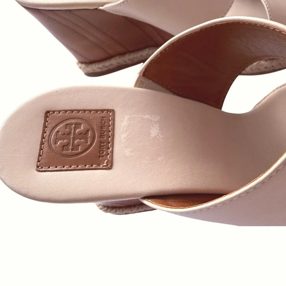 Tory Burch Dulce De Leche Beige Leather Double Strap Wood Wedge Slide Sandals 8M